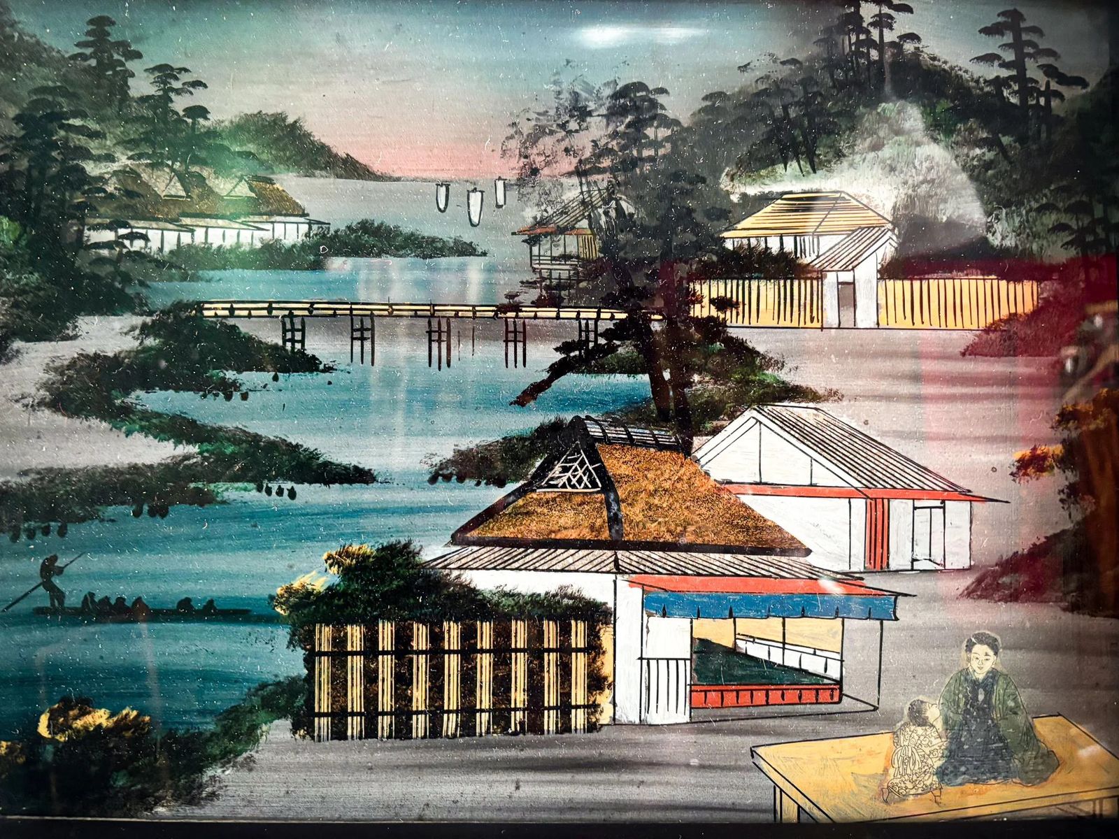 Mid Century Japanese Layered Glass Shadow Box Scene C.1950s photo furniture