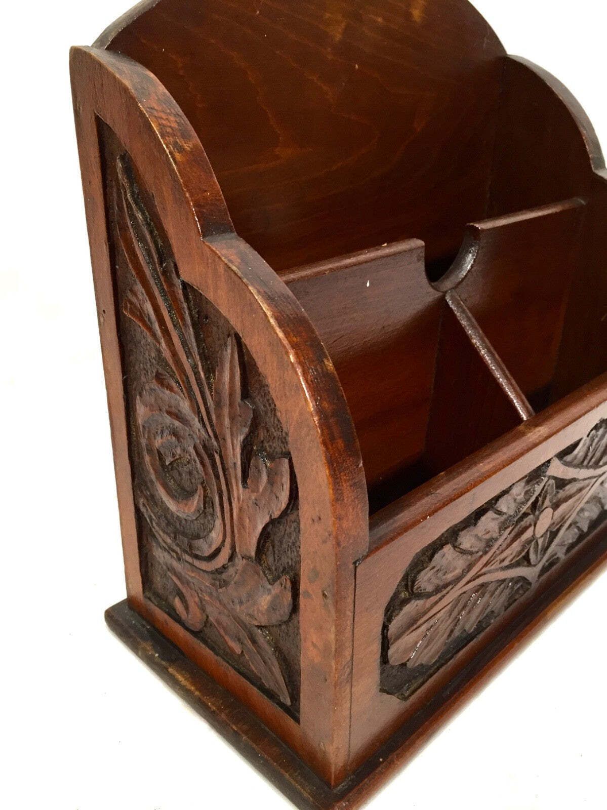 Antique Wooden Hand Carved Desktop Letter Rack / Stationery Holder C.1930 photo vinterior