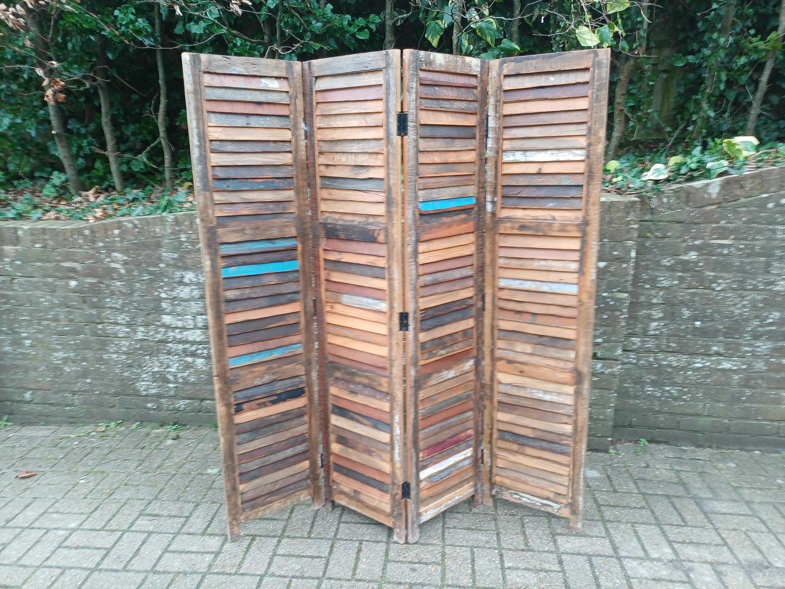 Large Bespoke Reclaimed Wood Folding Screen 4 Panel Room Divider Rustic Industrial Slatted Louvered Privacy Screen 170cm