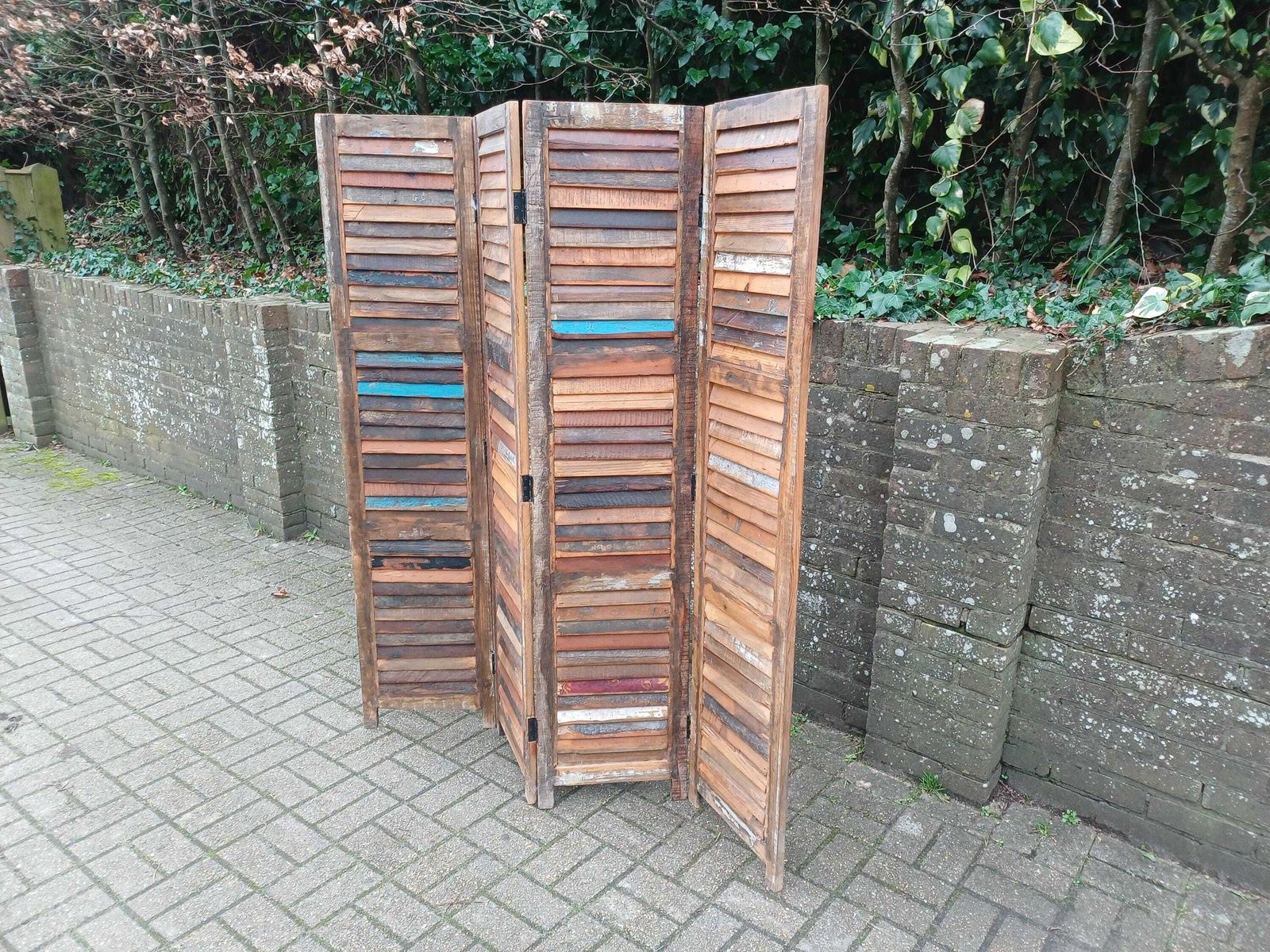 Large Bespoke Reclaimed Wood Folding Screen 4 Panel Room Divider Rustic Industrial Slatted Louvered Privacy Screen 170cm photo 675.0