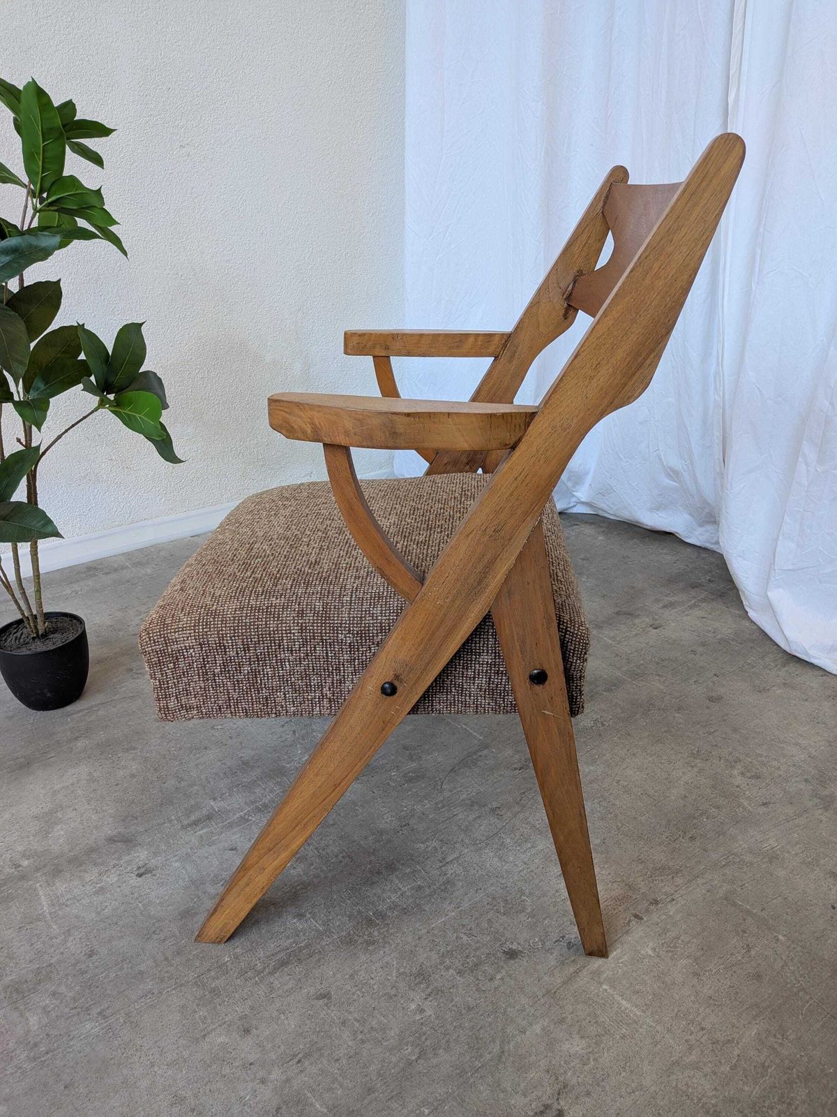 Vintage Wooden Armchair / 1970s Scandinavian Lounge Chair With Springs / Retro Fabric photo Furniture
