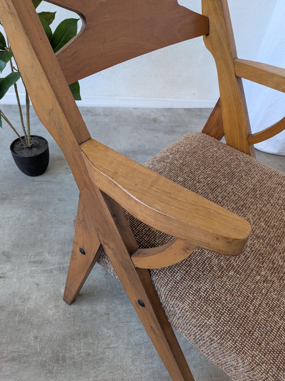284.0 Vintage Wooden Armchair / 1970s Scandinavian Lounge Chair With Springs / Retro Fabric photo