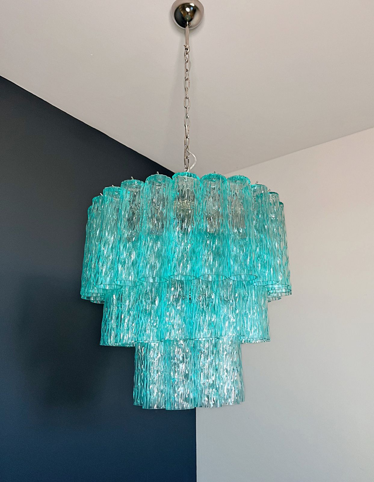 photo furniture Large Three Tier Venini Murano  Turquoise Glass Tube Chandelier
