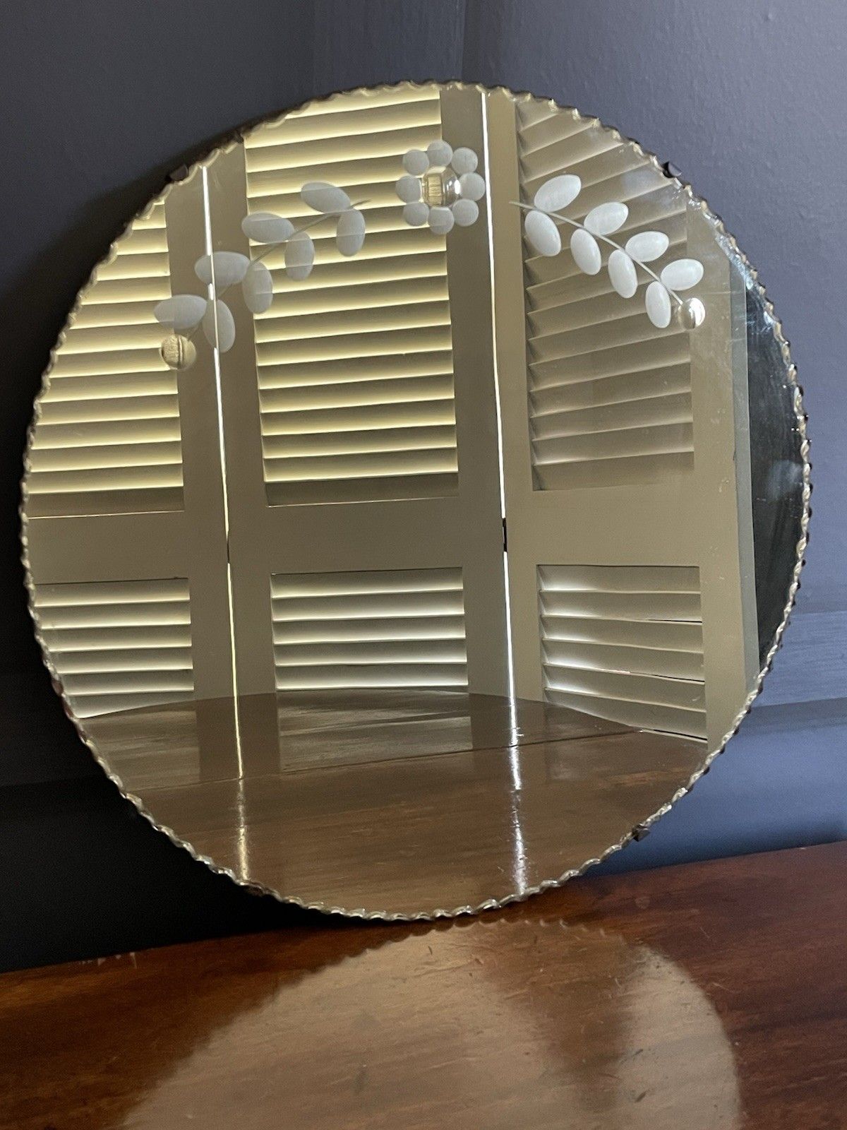 Antique Art Deco Round Mirror Pie Crust Edge Floral Design With Sorcerer’s Spots
