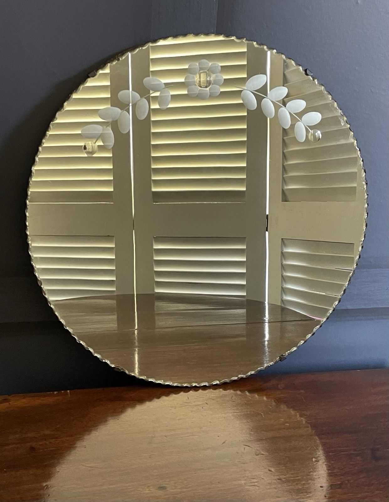 Antique Art Deco Round Mirror Pie Crust Edge Floral Design With Sorcerer’s Spots photo 135.0