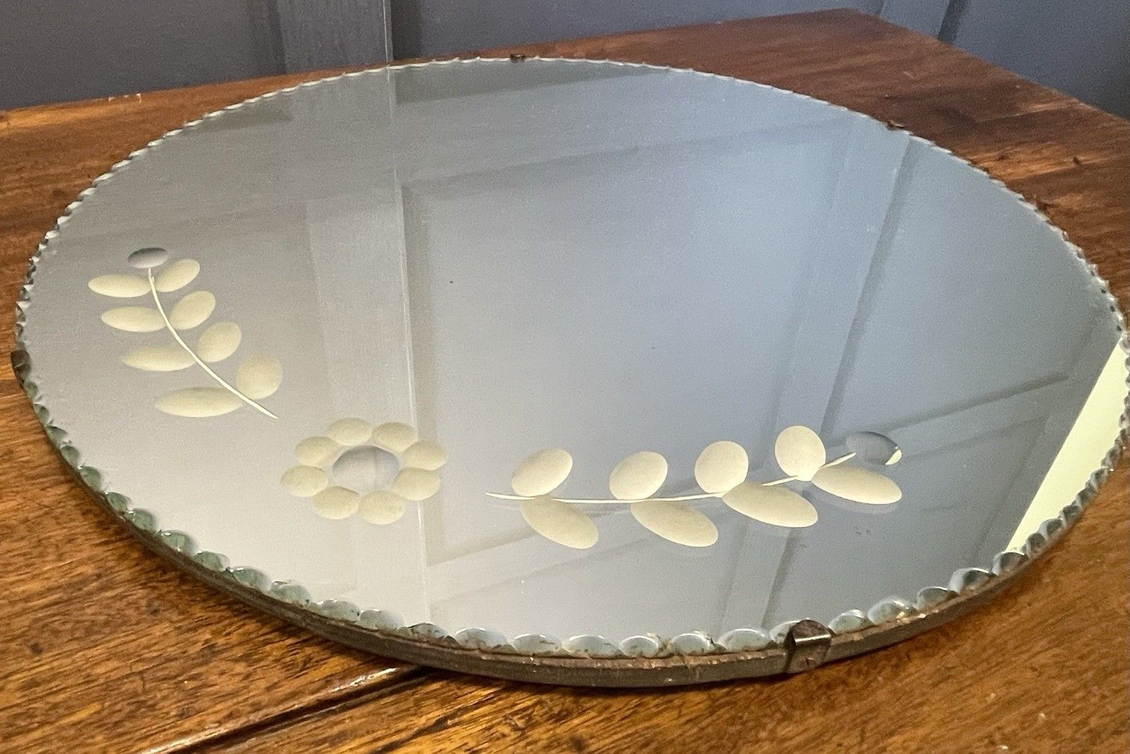 Antique Art Deco Round Mirror Pie Crust Edge Floral Design With Sorcerer’s Spots photo vintage
