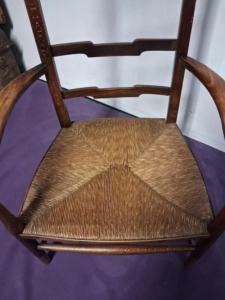 Antique Art Nouveau Low Ladder Back Chair With Woven Rush Seating photo Furniture