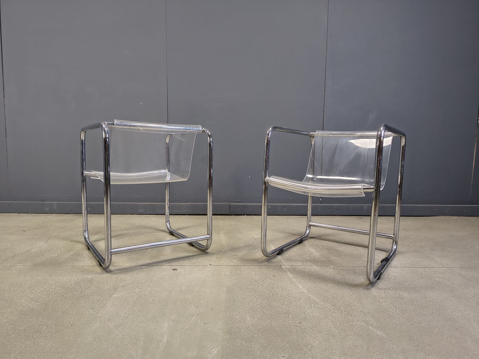 Pair Of Plexiglass And Tubular Chrome Armchairs, 1970s photo furniture