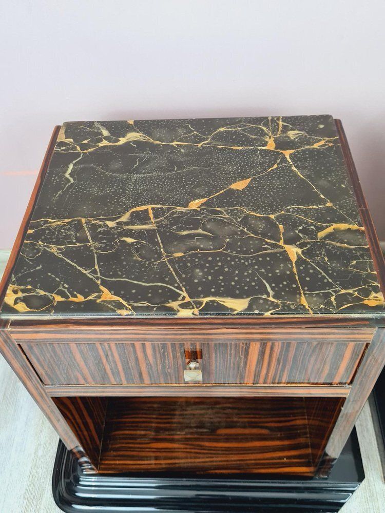 Art Deco Bedside Tables In Makassar Ebony And Portoro Marble, 1930s, Set Of 2 photo for sale
