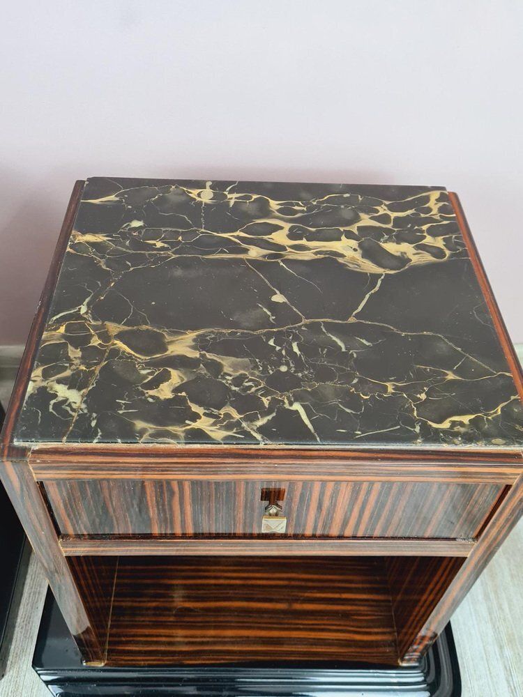 Art Deco Bedside Tables In Makassar Ebony And Portoro Marble, 1930s, Set Of 2 photo Furniture