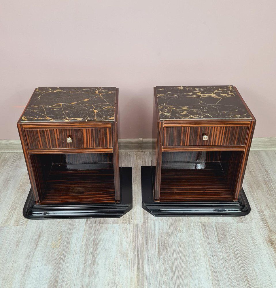 Art Deco Bedside Tables In Makassar Ebony And Portoro Marble, 1930s, Set Of 2 photo vintage
