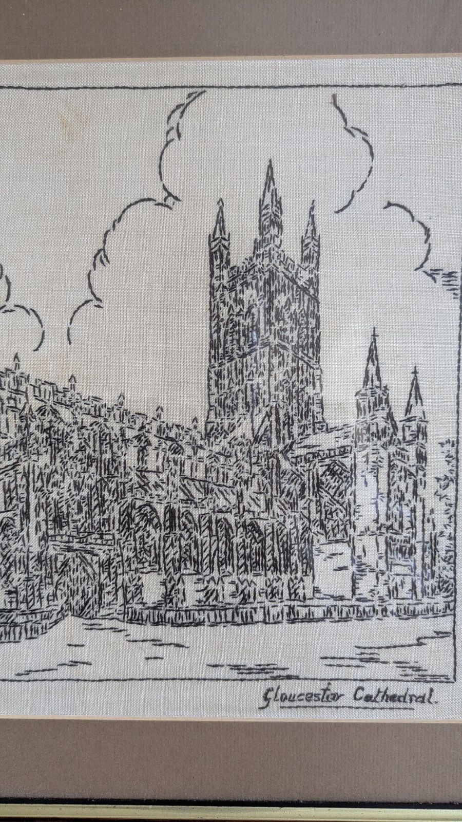 Vintage Cathedral Embroidery Wall Art – Gloucester & Lichfield Cathedrals – Framed Needlework Picture Pair – English Architecture Decor photo for sale