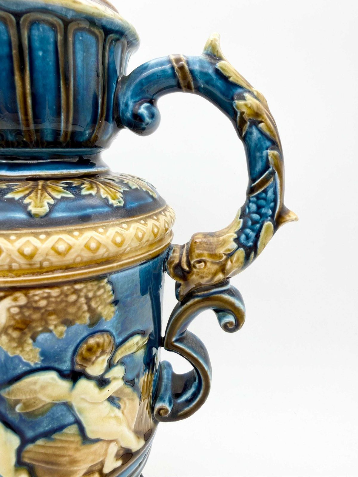 Antique Continental Majolica Vase, Schutz Blansko Cherub Putti Vase Circa 1900 photo vintage