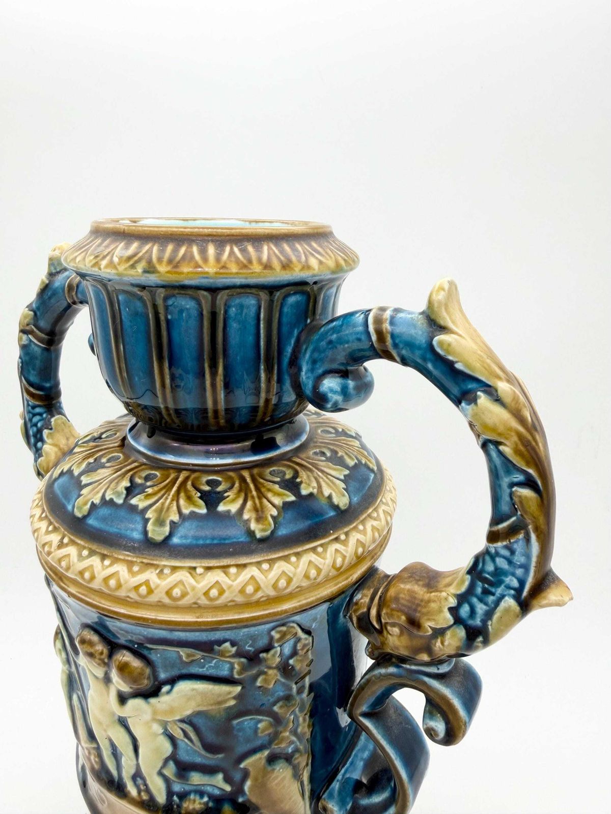 photo vinterior Antique Continental Majolica Vase, Schutz Blansko Cherub Putti Vase Circa 1900