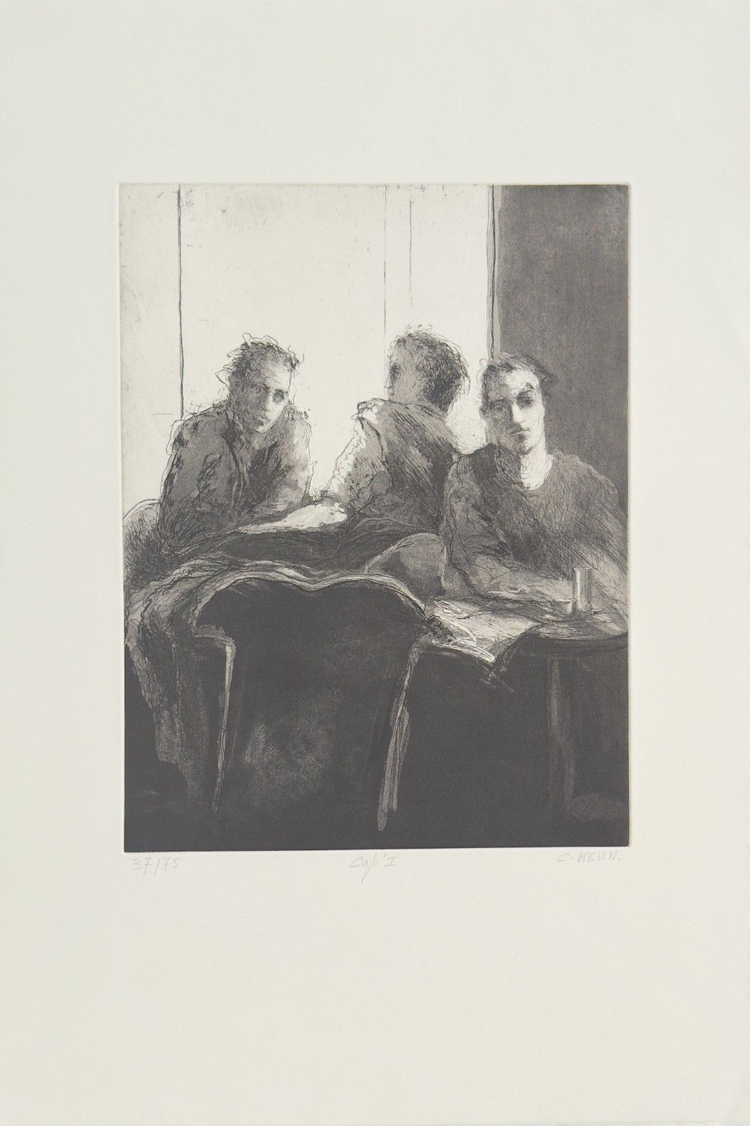 Catherine Keun Original Engraving Signed Numbered Etching Portrait At Cafe Art