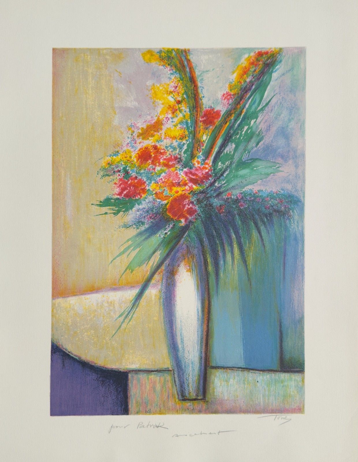 Torres Bouquet Of Flowers In A Blue Vase Signed Lithograph Numbered Art