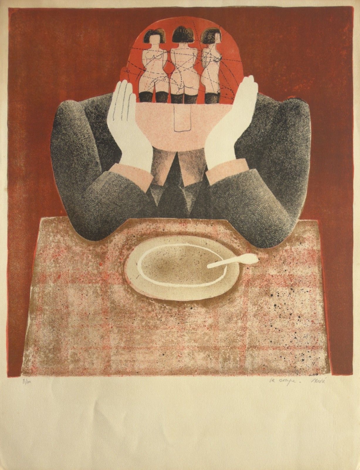 Yves Nioré Original Lithograph Signed Numbered Le Meal 1974 Art