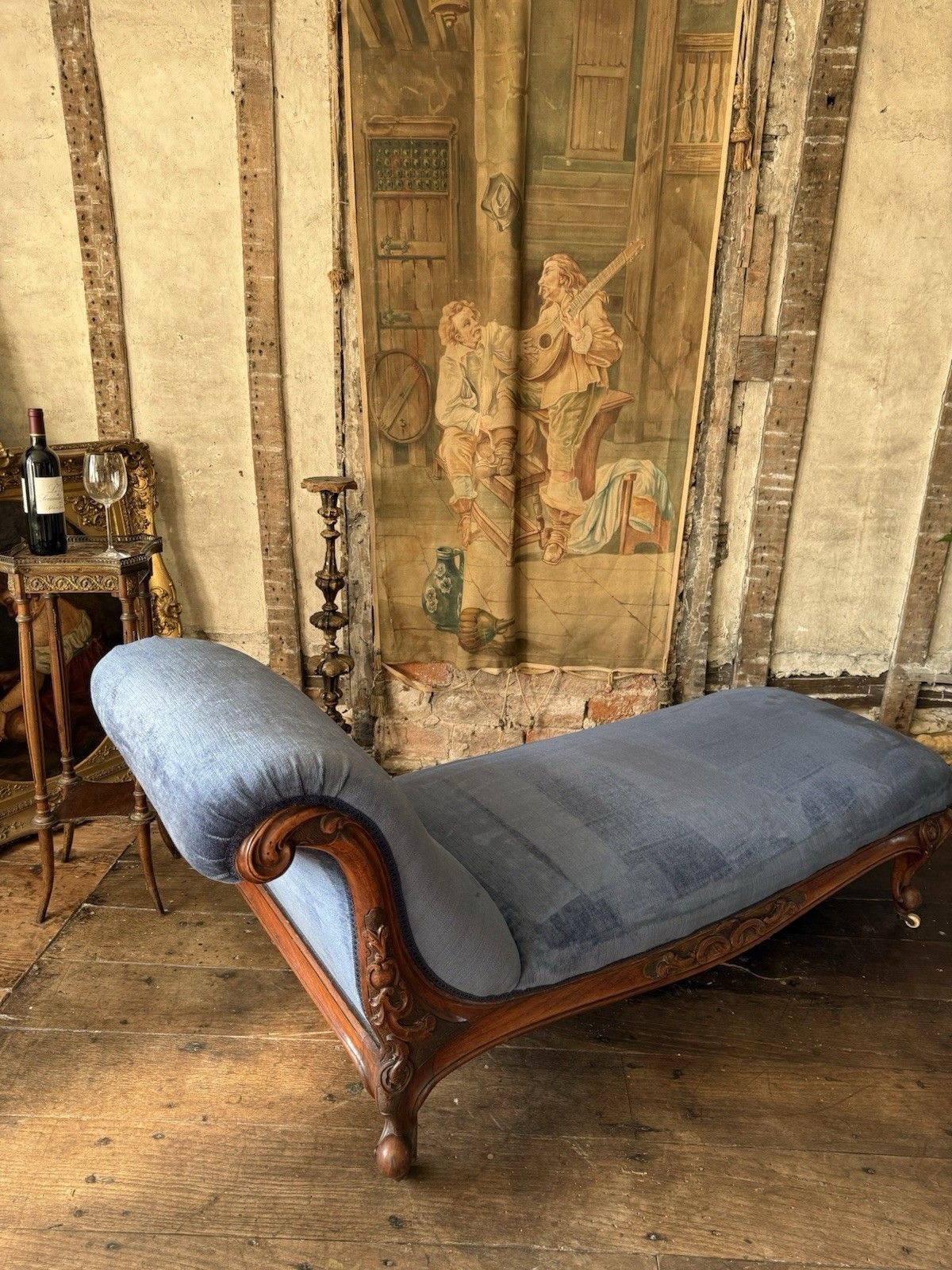Rare Elegant Antique Walnut Carved Blue Statement French Chaise Longue Daybed photo vinterior