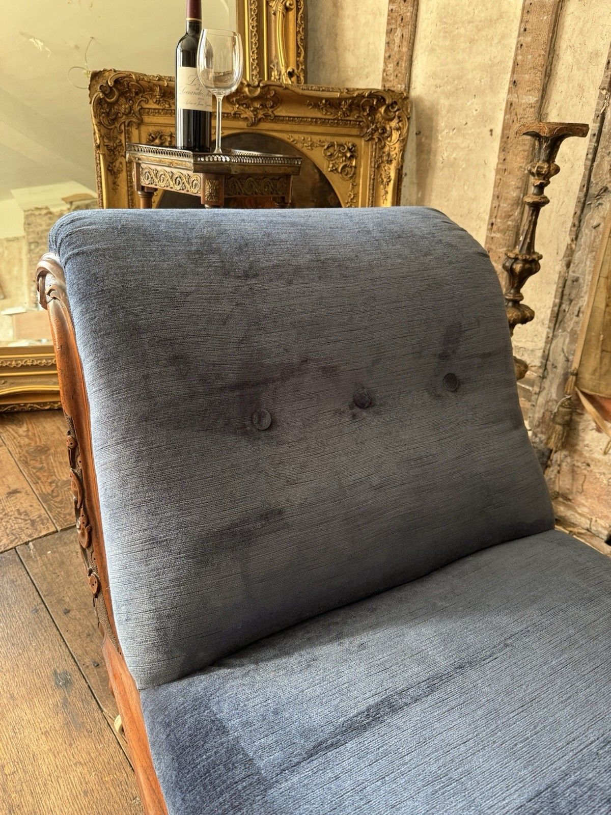 999.0 Rare Elegant Antique Walnut Carved Blue Statement French Chaise Longue Daybed photo