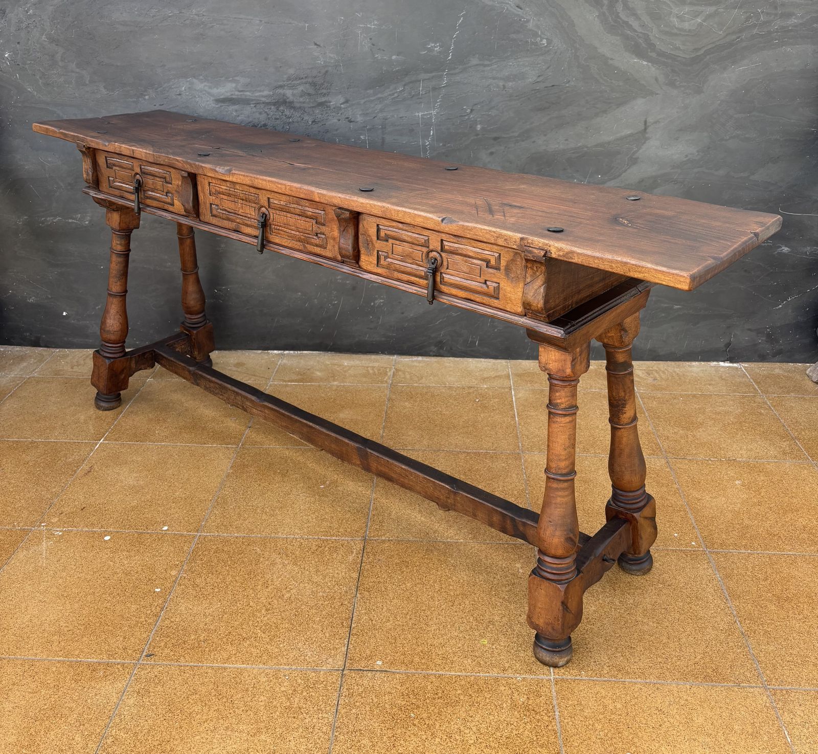 photo for sale Spanish Renaissance Revival Three Drawer Console Table, Early 20th Century