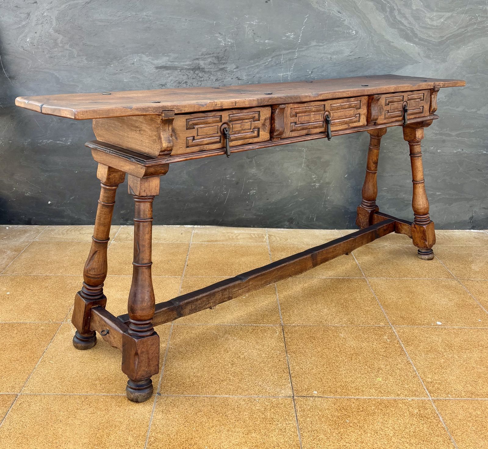 Furniture Spanish Renaissance Revival Three Drawer Console Table, Early 20th Century photo