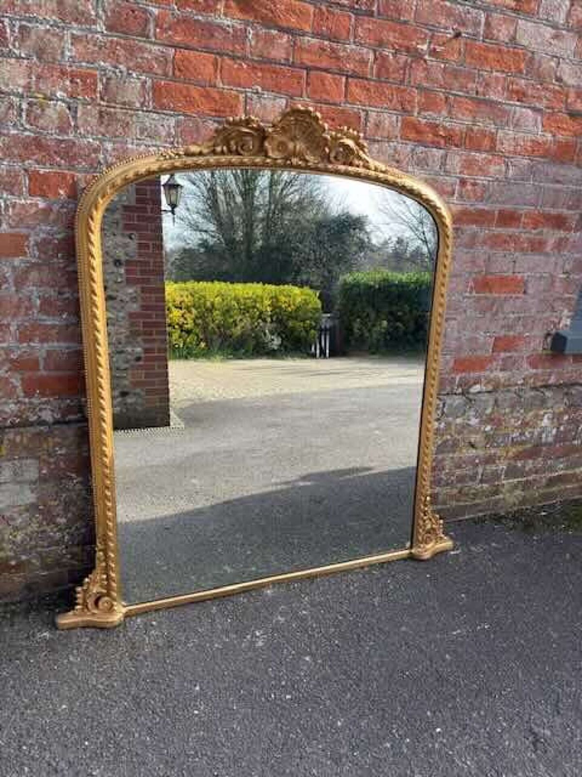 An Exceptional Large Antique English 19th C Arched Top Gilt Rope Twist Overmantle Mirror. photo vintage