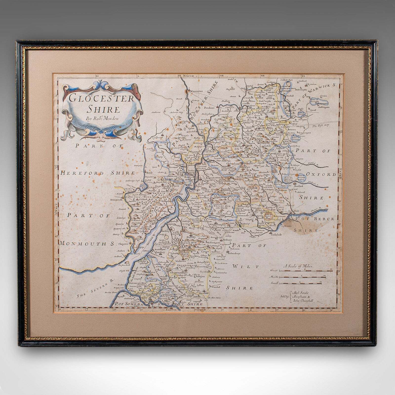 Antique Framed Gloucestershire Map, English Atlas Engraving, Cartography, C.1700 photo furniture