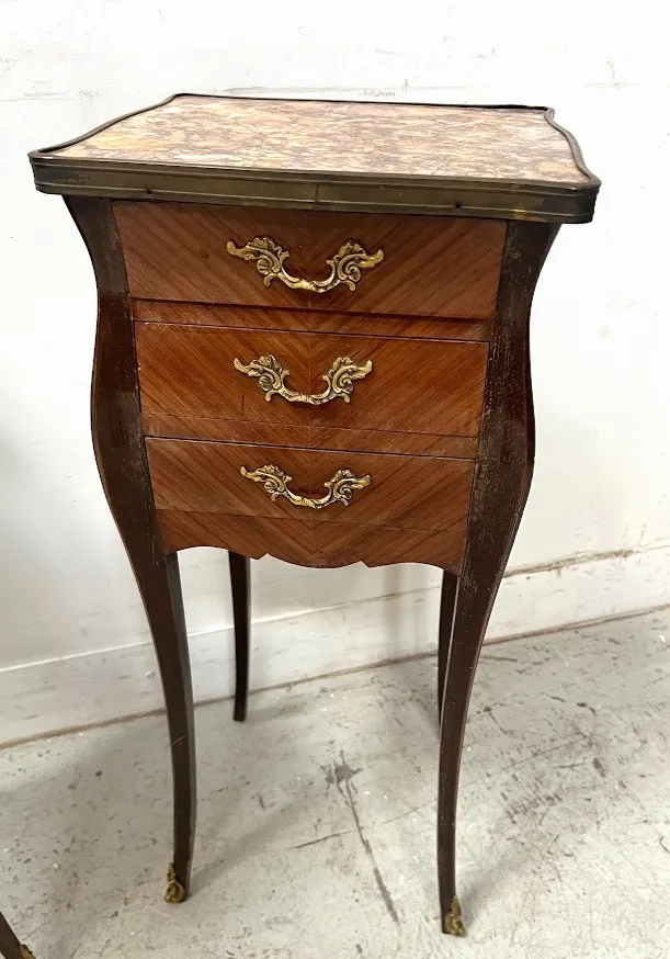 Pair Of Louis XV Style Inlaid Small Dressers Marble Top 20th Century photo furniture