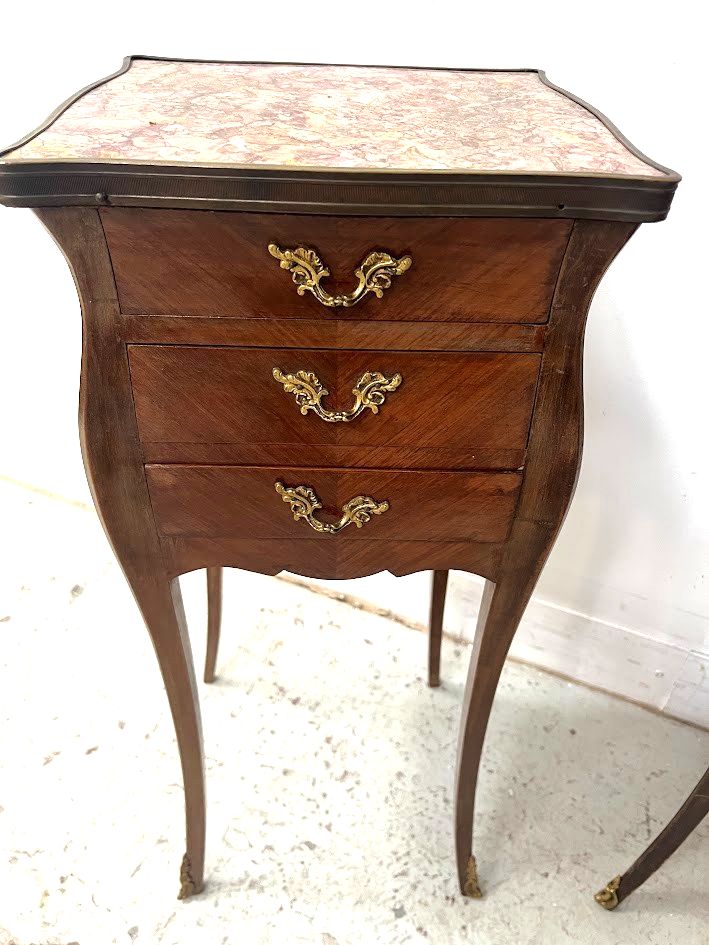 Pair Of Louis XV Style Inlaid Small Dressers Marble Top 20th Century photo for sale