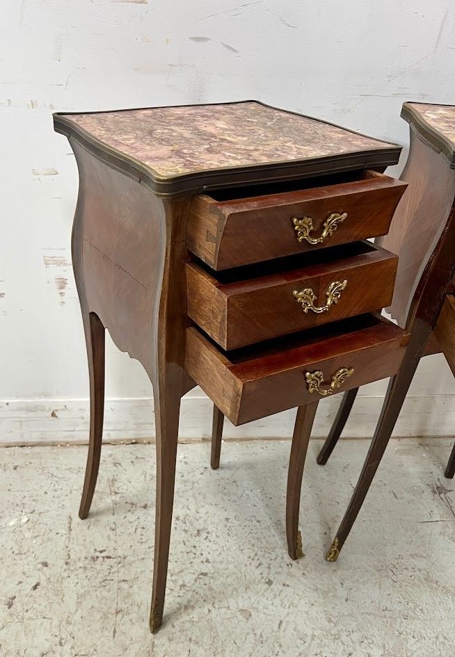 Pair Of Louis XV Style Inlaid Small Dressers Marble Top 20th Century photo 580.0