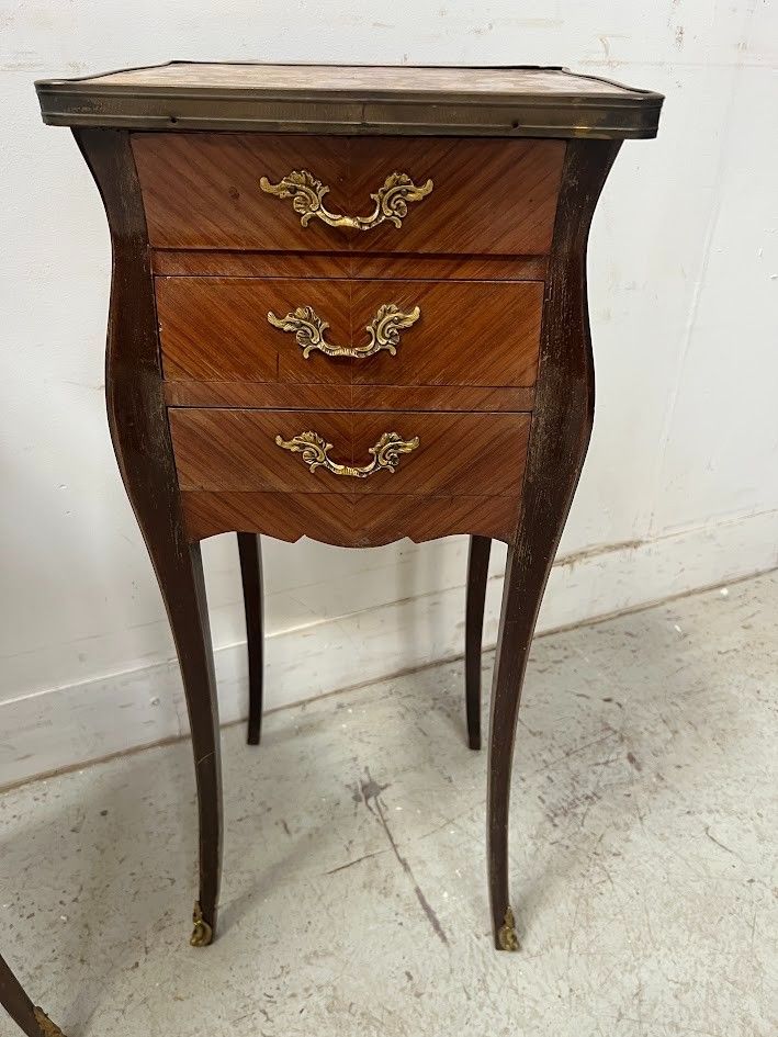 photo furniture Pair Of Louis XV Style Inlaid Small Dressers Marble Top 20th Century