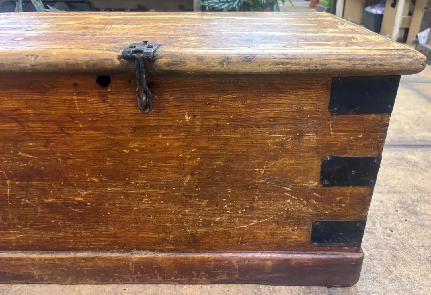 Antique Industrial Metal Bound Wooden Storage Trunk photo for sale
