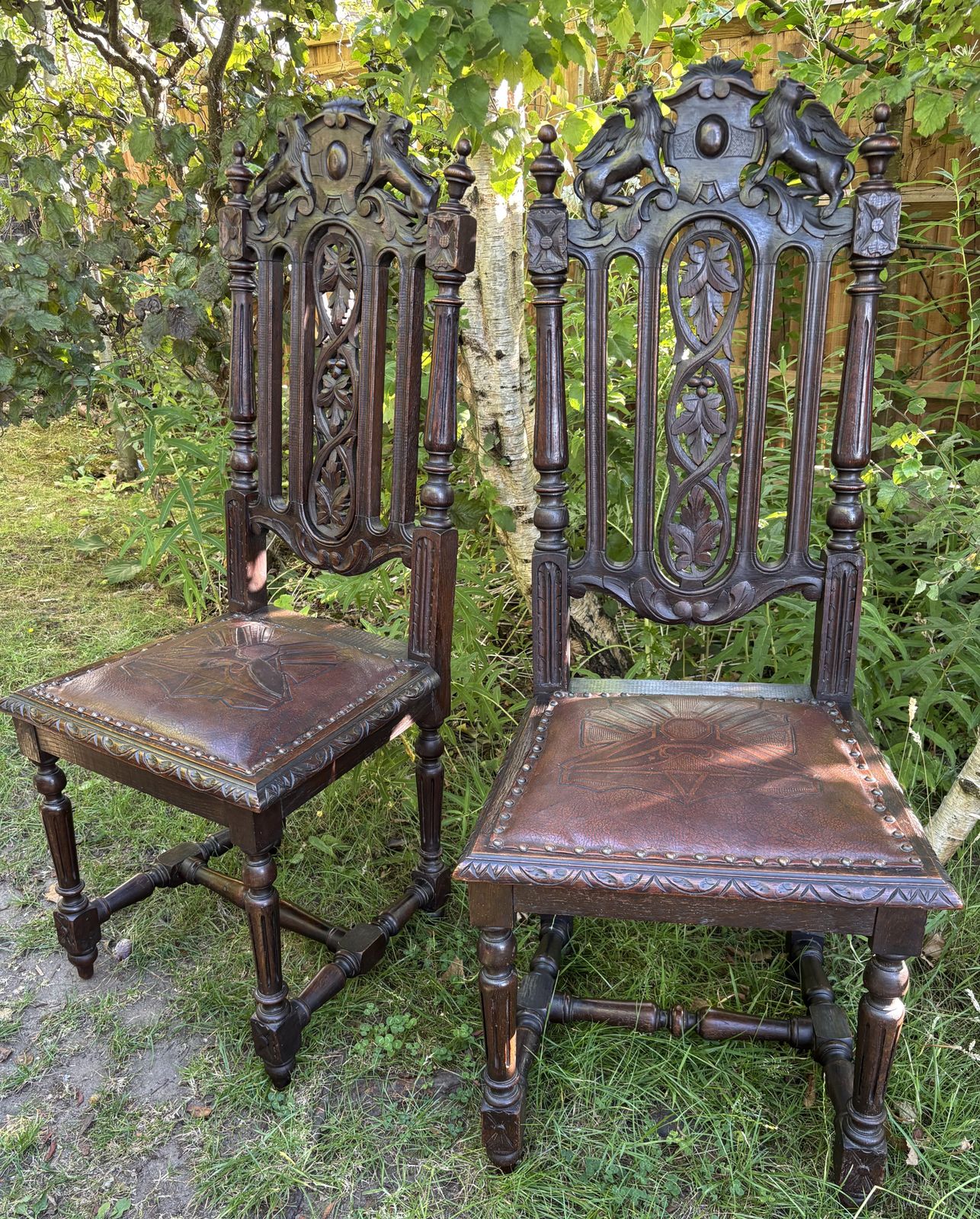 Pair Of Gothic Revival Lions & Griffins Carved Oak Hall Chairs 19th Century photo for sale