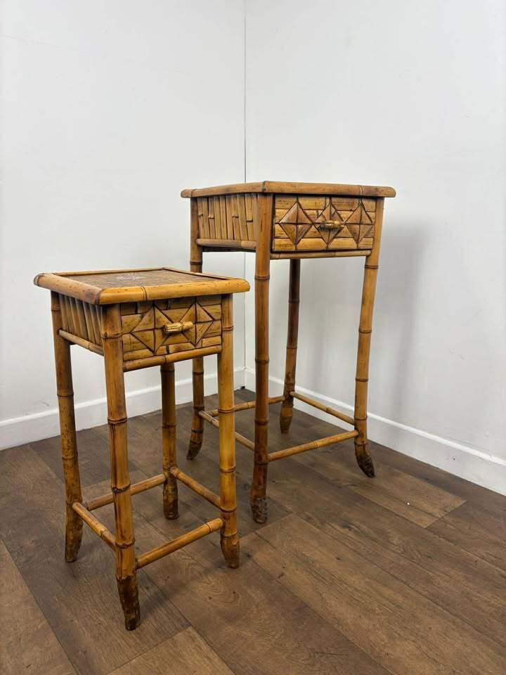 photo for sale Pair Of Vintage French Bamboo Side Tables With Hand Painted Rose Detail