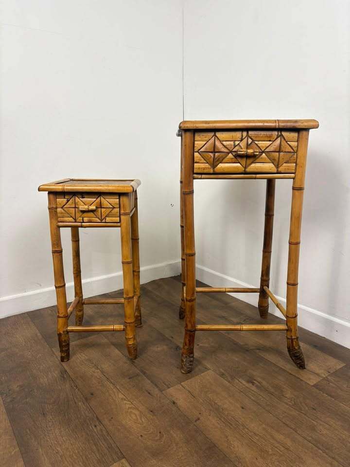 999.0 Pair Of Vintage French Bamboo Side Tables With Hand Painted Rose Detail photo