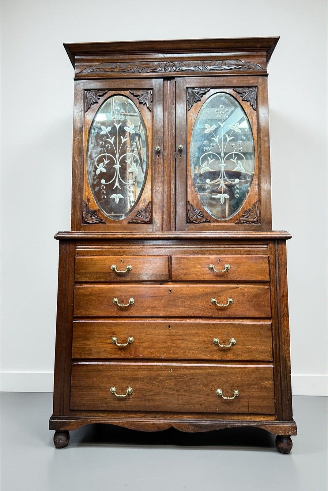 photo buy Antique Walnut Carved Bookcase Chest Of Drawers Decorative C1900 Etched Mirrors