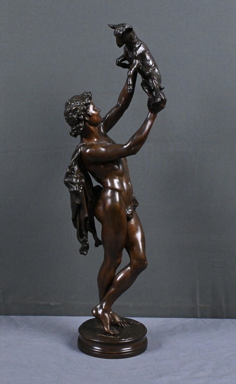 photo for sale Important Bronze Sculpture "Faun Playing With A Kid" Signed Gumery – Second Half Of The 19th Century