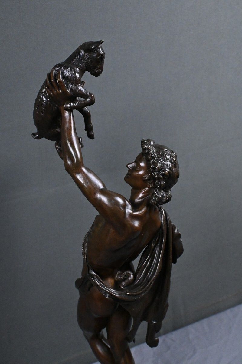 photo buy Important Bronze Sculpture "Faun Playing With A Kid" Signed Gumery – Second Half Of The 19th Century