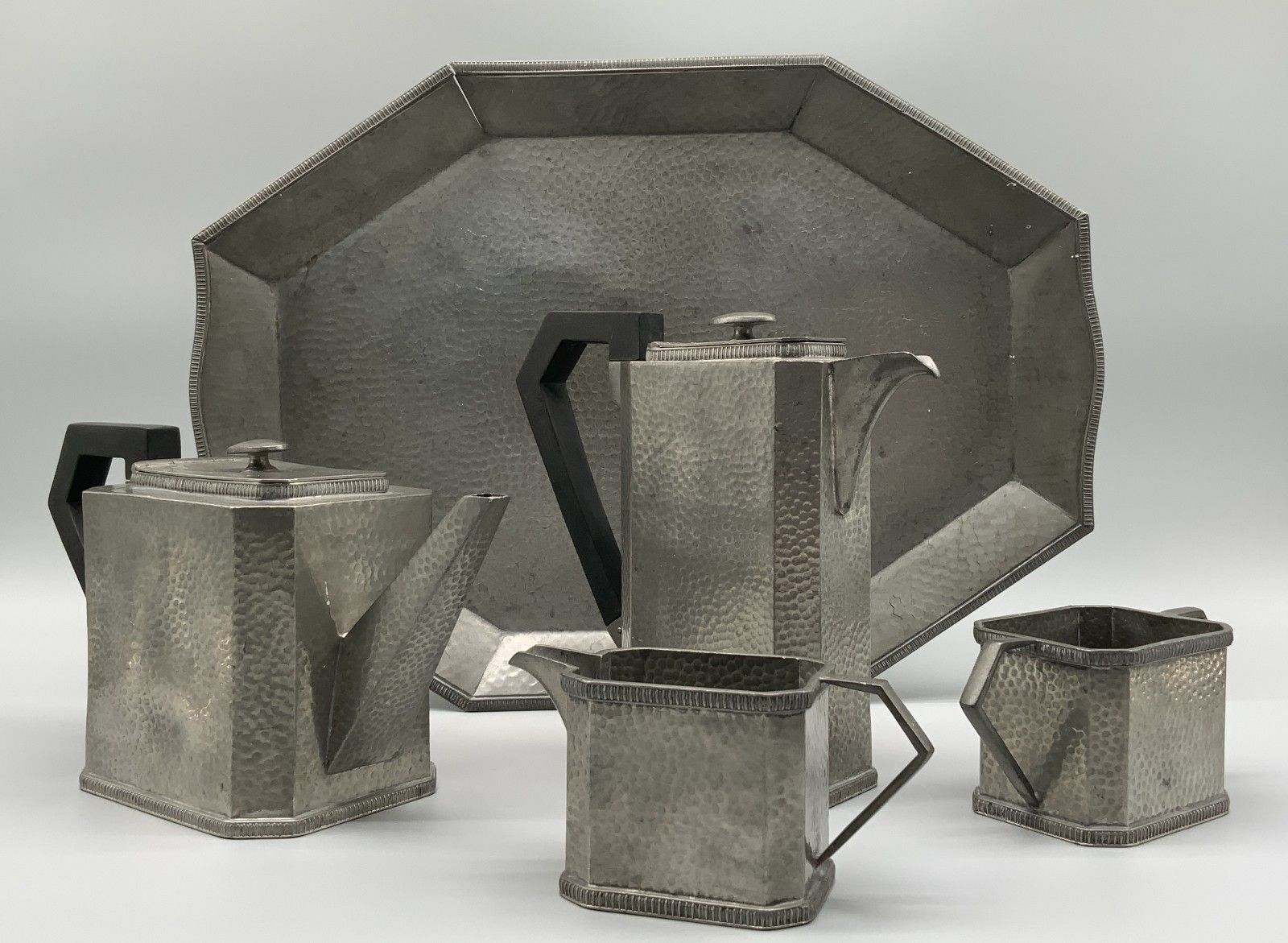 Art Deco Pewter Tea / Coffee Pot / Tray / Jug / Sugar Bowl By Armada Pewter 1930