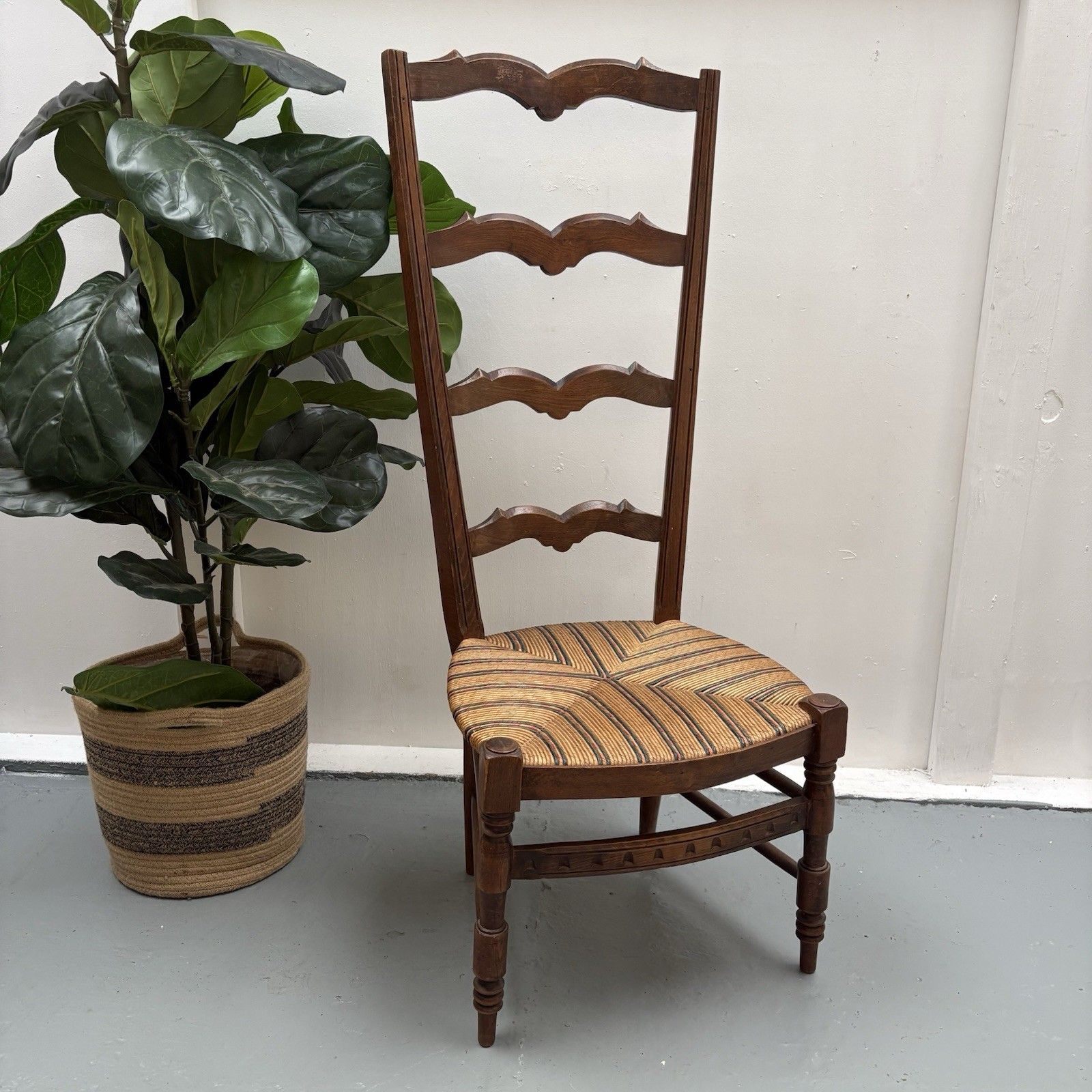 Vintage French High Ladder Back Hall Chair With A Tall Back & Lovely Wicker Seat photo furniture