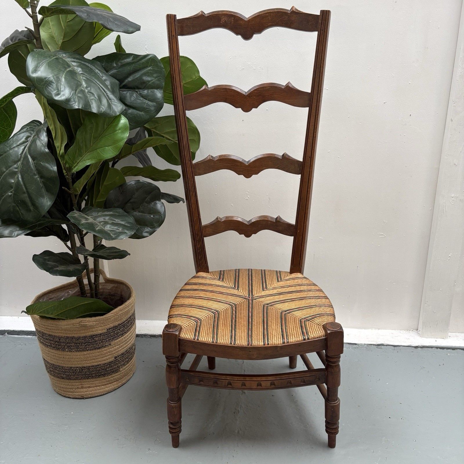 photo for sale Vintage French High Ladder Back Hall Chair With A Tall Back & Lovely Wicker Seat