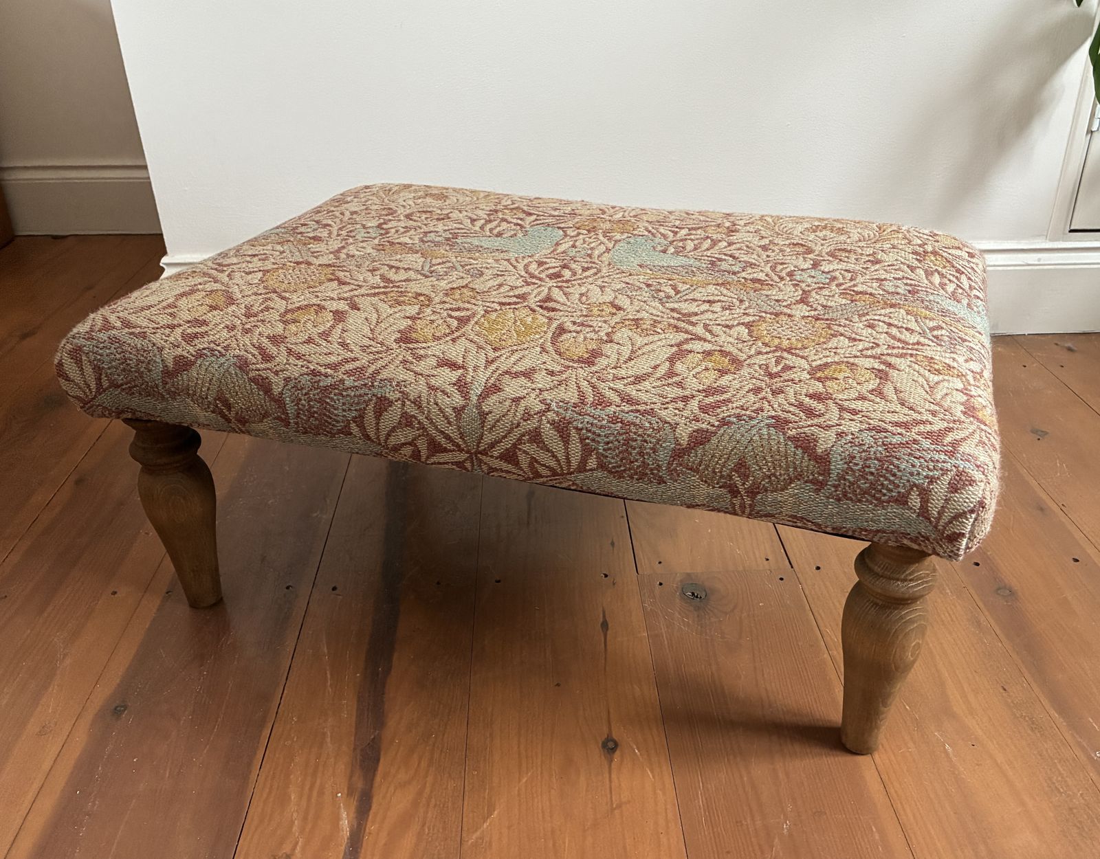 Footstool In William Morris Bird Weave Fabric With Turned Legs Free Delivery photo vinterior