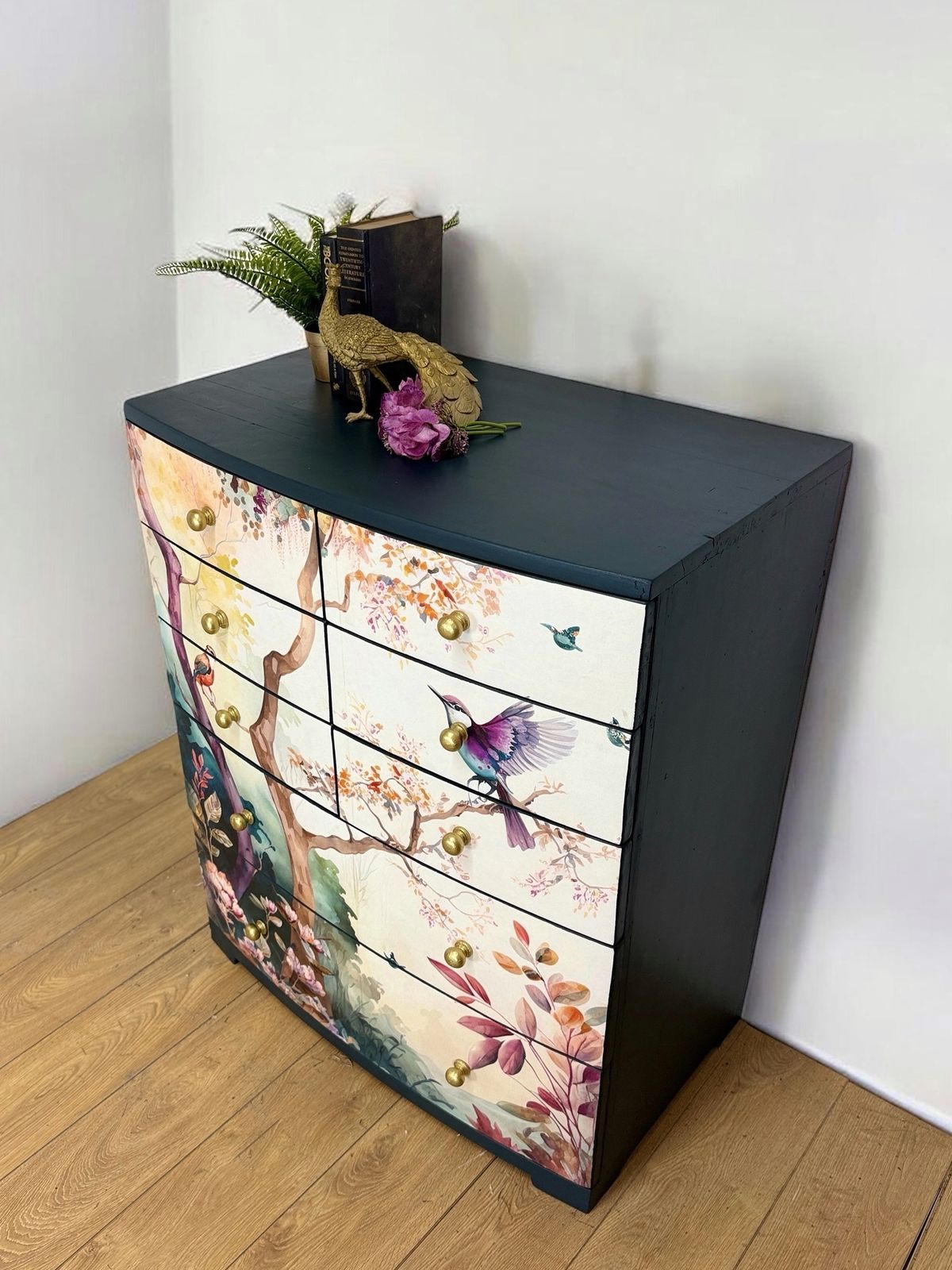 photo for sale Pretty Floral Extra Large Chest Of Drawers In A Deep Teal Navy Blue