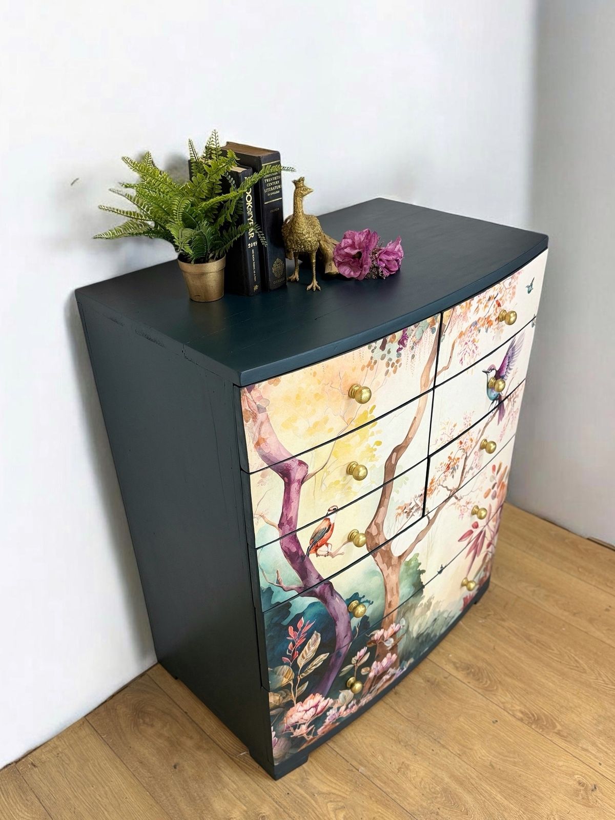 Furniture Pretty Floral Extra Large Chest Of Drawers In A Deep Teal Navy Blue photo