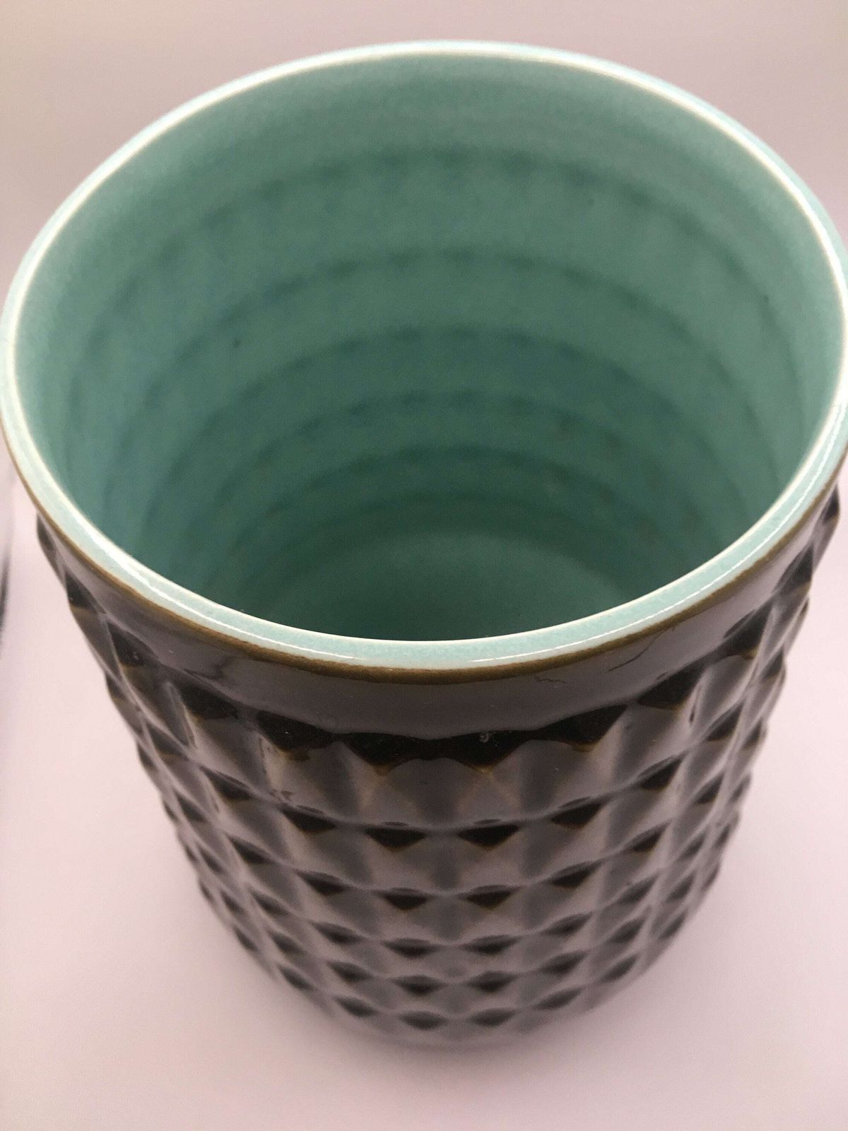 Mcm Vase Stick Pot. Green Glazed Geometric 3d Design Vase Umbrella Stand. Turquoise Inside. Stamped James Kent Facet 42/1 England. photo for sale