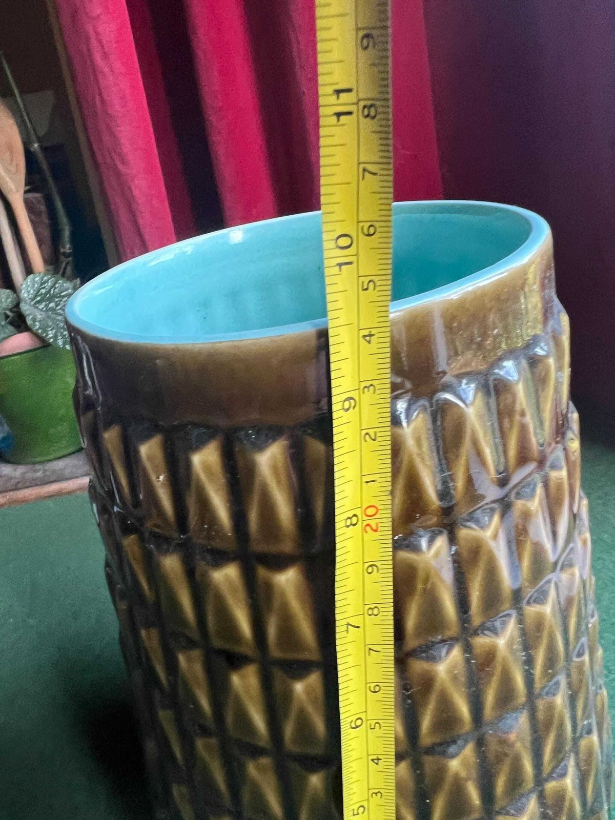 Mcm Vase Stick Pot. Green Glazed Geometric 3d Design Vase Umbrella Stand. Turquoise Inside. Stamped James Kent Facet 42/1 England. photo vinterior