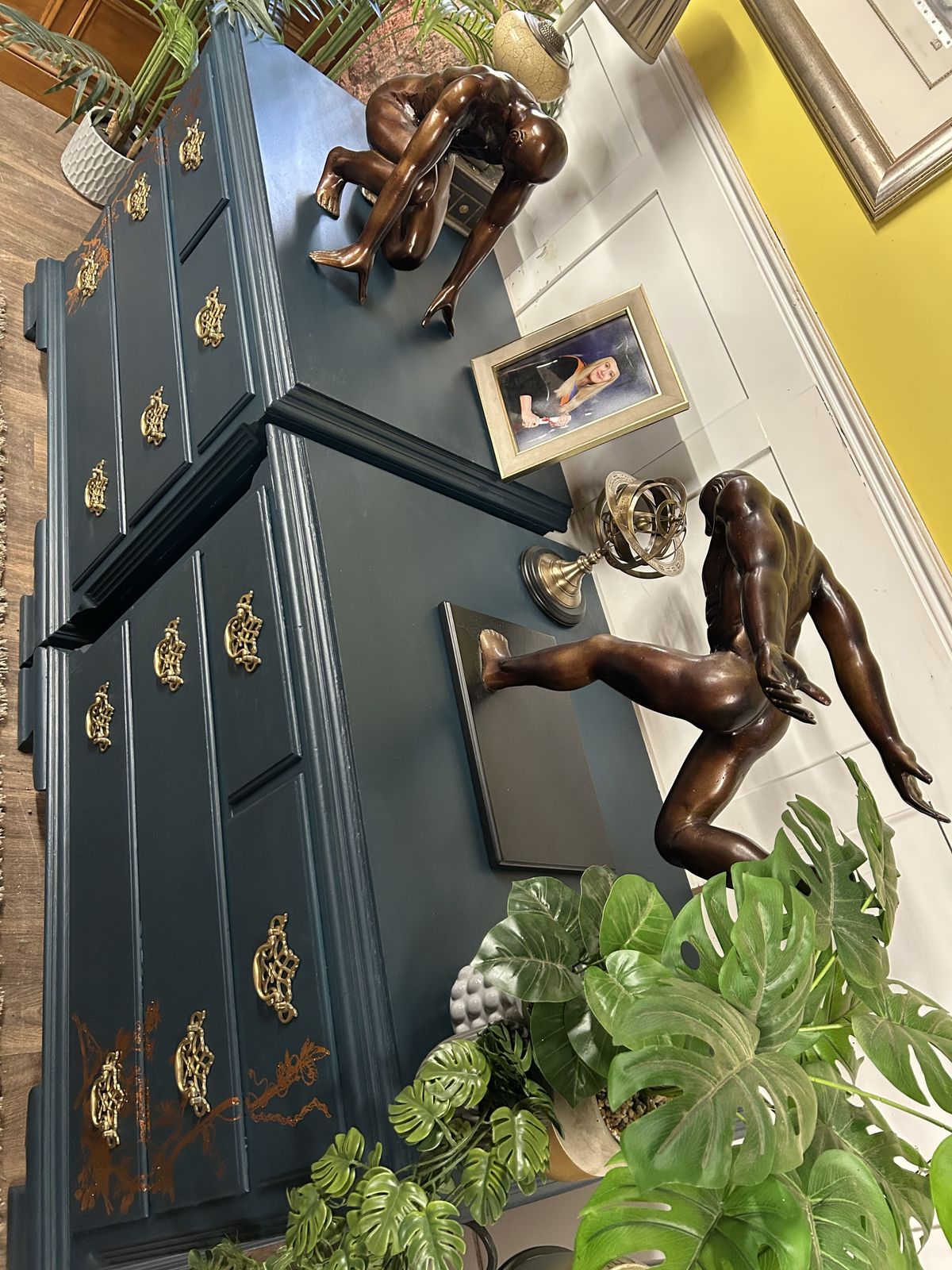 Pair Of French Revival Chests Of Drawers With Copper Foil Art Work And Antique Brass Drawer Furniture. photo 1295.0
