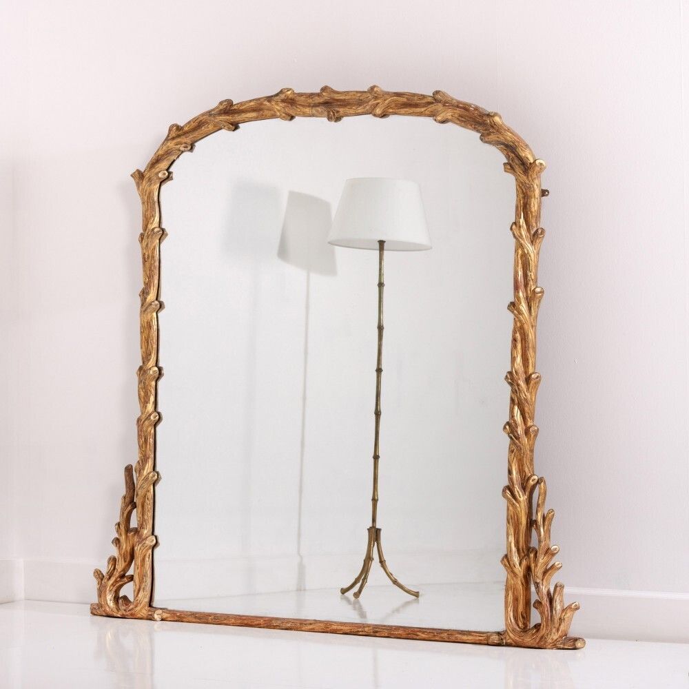 Large 19th Century Giltwood Faux Bois Overmantel Mirror With Original Mercury Glass Plate