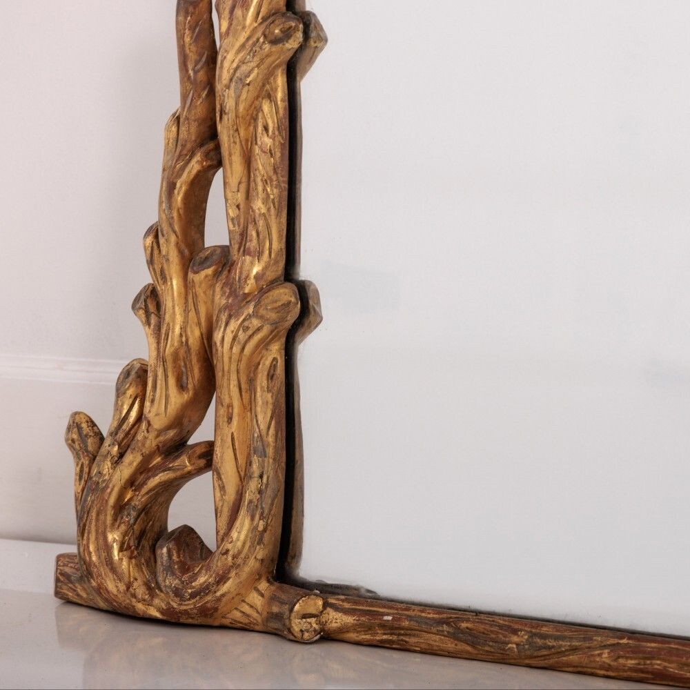 Large 19th Century Giltwood Faux Bois Overmantel Mirror With Original Mercury Glass Plate photo Home Decor