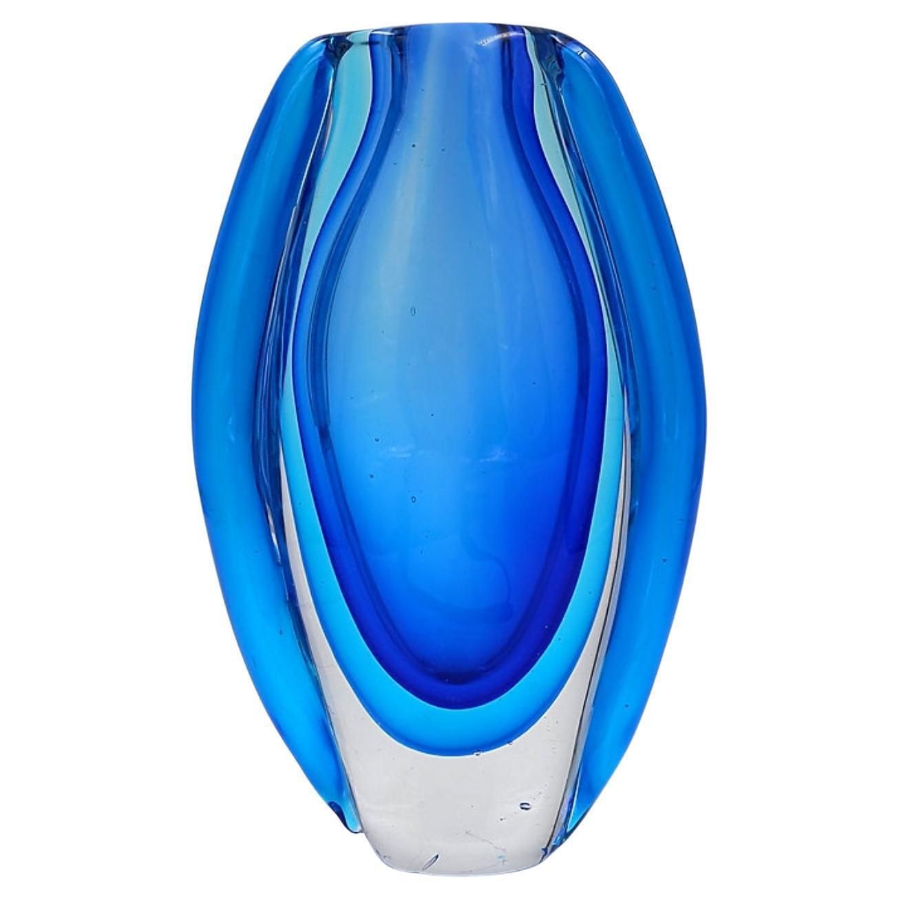 Oval Glass Vase In Shades Of Blue, In The Style Of Sommerso